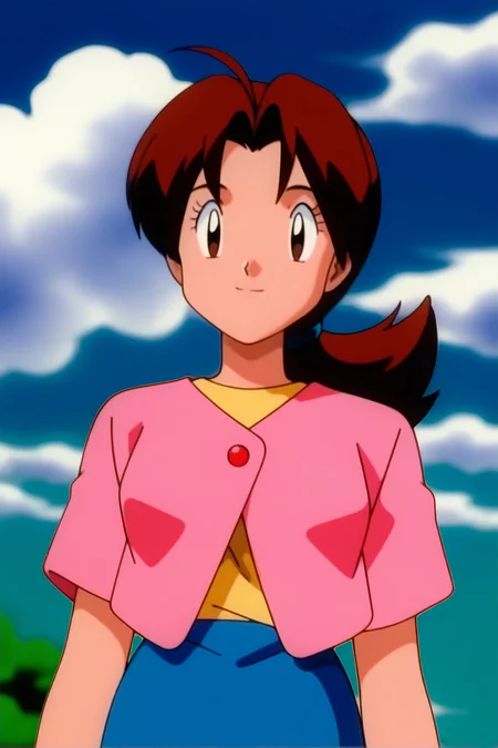 retro artstyle, 1990s \(style\), pokemon \(classic anime\), deliaca, 1girl, solo, long hair, breasts, looking at viewer, shirt, skirt, brown hair, closed mouth, brown eyes, standing, jacket, upper body, ahoge, ponytail, short sleeves, outdoors, sky, day, cloud, blurry, black eyes, blue sky, parted bangs, blue skirt, buttons, blurry background, expressionless, cloudy sky, light smile, low ponytail, yellow shirt, arms at sides, hair tie, pink jacket, retro artstyle, smile, eyelashes, hair intakes, pink shirt, straight-on
<lora:Delia_Ketchump_Classic_Anime:1>