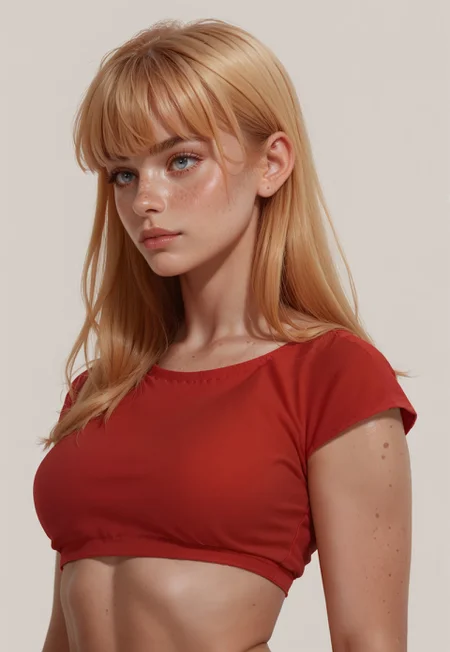 1girl, simple background, freckles, long hair, blonde, bangs, 

red crop top, 

upper body, 

score_8, score_9_up,