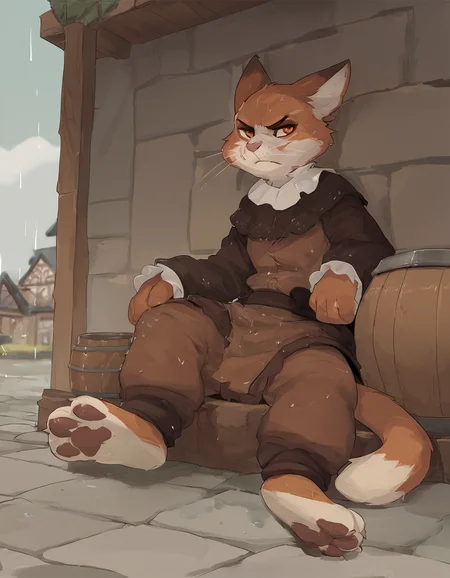 source_furry, a brown and white cat, wearing a medieval jester outfit, grumpy expression, sitting on top of a barrel, sitting on a barrel, sitting, outside, muddy road, cobblestone walls, cloudy sky, tail, whiskers, orange eyes, paws, puddles, rainy, wet fur, <lora:Seth-Iova__Leosaeta_Artist_Style_Pony_XL:1> furry, seth-iova, score_9, score_8_up, score_7_up, score_6_up, score_5_up,