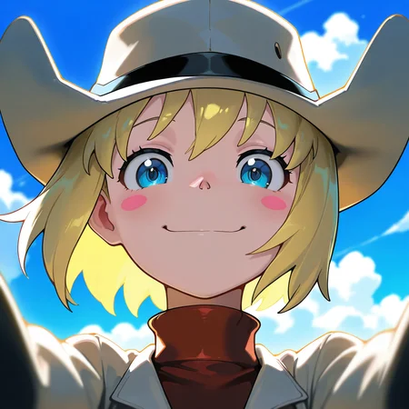 masterpiece, best quality, amazing quality, very aesthetic, absurdres, newest, volumetric lighting,
souleaterstyle,patricia,
1girl,solo,looking at viewer,blush,smile,short hair,blue eyes,blonde hair,hat,sky,day,cloud,turtleneck,blush stickers
,masterpiece, best quality, amazing quality, very aesthetic, absurdres, newest, volumetric lighting,
, <lora:soul_eater_illustrious:0.8>,