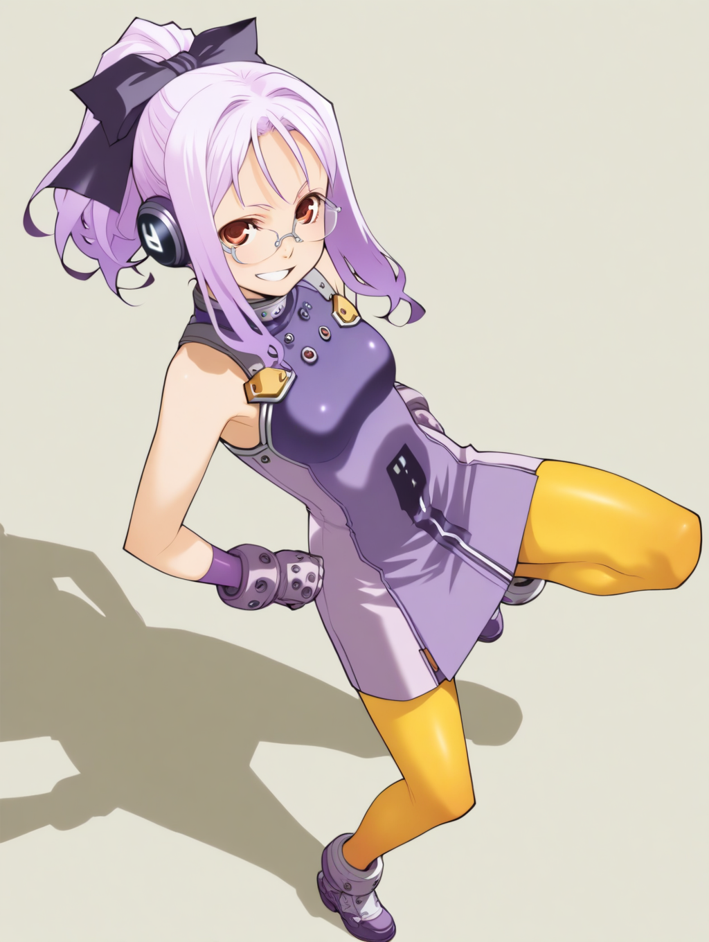 perfect quality,best quality,absolutely eye-catching,ambient occlusion,raytracing BREAK
1girl,<lora:SO4weruti IL v1.1:1>,SO4weruti,purple hair,ponytail,headphones,ribbon,glasses,red eyes,purple dress,sleeveless,gloves,yellow pantyhose,shoes,solo,, from above,macro_shot,leaning_back,pointing_at_viewer,locked_arms,knee_up,