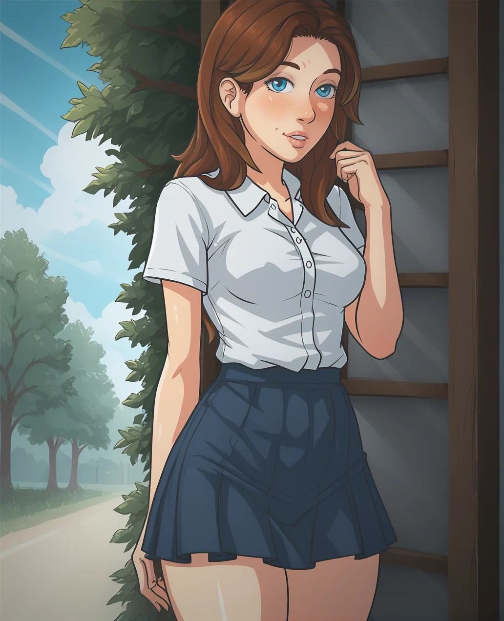 score_9,score_8_up,score_7_up,score_6_up BREAK,1girl,solo,brown hair,blue eyes,medium breasts,white shirt,skirt,outdoors,cowboy shot,long hair,straight hair,<lora:bonestales_themanor_style-000011:1>