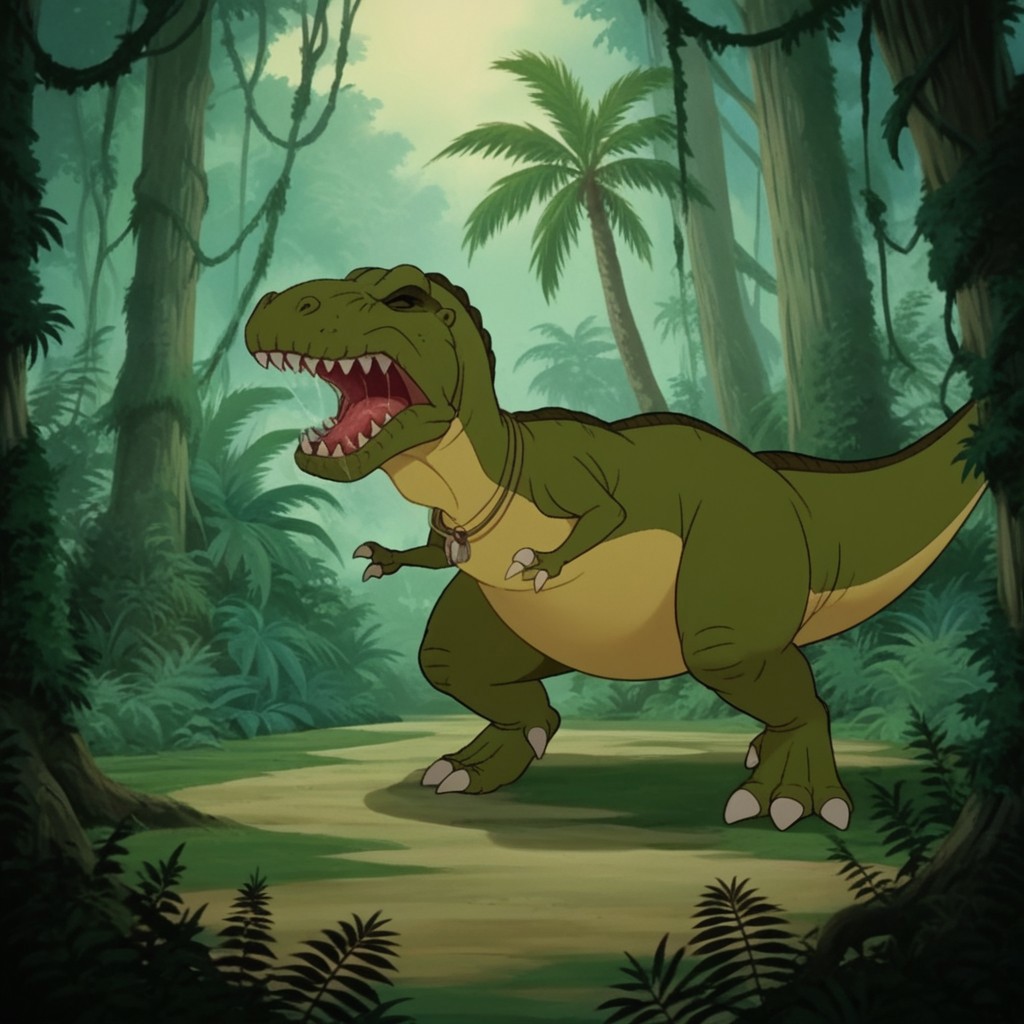 score_9, score_8_up, score_7_up, score_6_up, score_5_up, score_4_up, source_furry, mamarexlbt, feral, female, Tyrannosaurus, dinosaur, green skin, closed eyes, jungle, standing, mouth open, roaring, spittle, saliva,