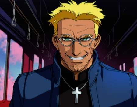 masterpiece, absurdres, best quality, refined digital art, 
alexander anderson, 1boy,   glasses, blonde hair, solo, facial hair, stubble, green eyes, cross necklace, grin, jacket,scar, scar on face, dark skin, train interior, shadow,
cinematic, anime screencap, character art, , clear lines, soft colors, anime aesthetic, 1990s, 
artist: hungry clicker, artist: optionaltypo,
<lora:Hellsing classic Illustrious:0.75>
