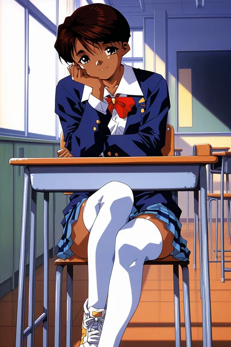 masterpiece, best quality, amazing quality, absurdres, solo, tohno mizuki, smile, sitting, chair, school desk, closed mouth, head on hand, elbow rest, looking at viewer, short brown hair, brown eyes, dark skin, school uniform, blue blazer, white shirt, blue striped skirt, pleated skirt, white thighhighs, white sneakers, indoors, classroom, window