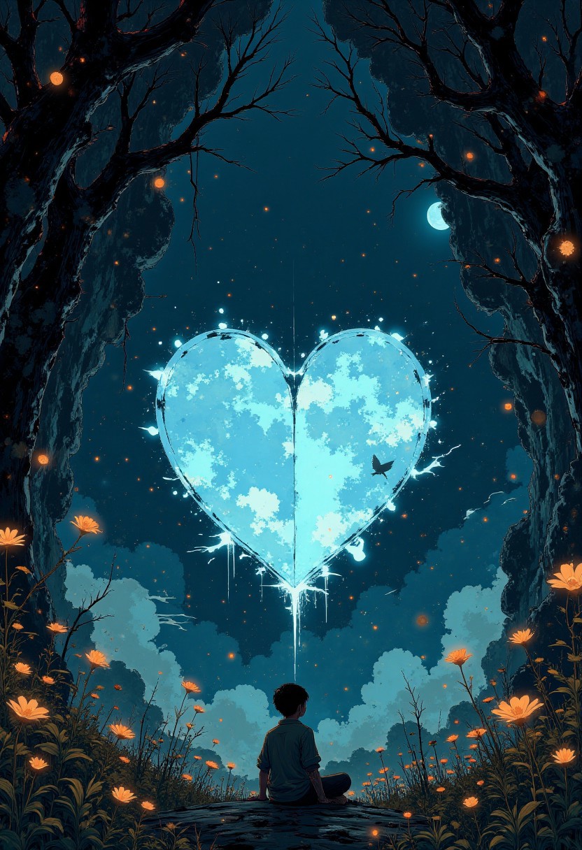 An immense cavern stretches endlessly, its walls covered in bioluminescent fungi that emit a soft, melodic hum. In the center, a glowing crystal heart, the size of a mountain, beats rhythmically, sending pulses of light through the cavern. A boy with a body made of fragmented glass sits cross-legged in front of the heart, his shattered pieces slowly floating upward and merging into the crystal. Surrounding him, ghostly apparitions of his past selves argue over whether he should give himself entirely to the heart or keep what remains of his individuality. As he reaches his decision, the crystal heart cracks, and the cavern begins to collapse, transforming into an infinite labyrinth of light and shadow.