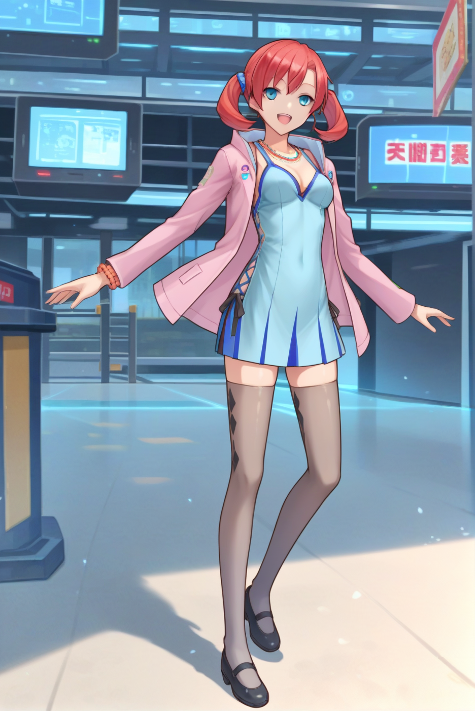 blue dress pink jacket grey thighhighs, dsc-nokia, red hair, medium breasts, 1girl, solo, skinny, masterpiece, high quality, (full body), indoors, happy, score_9, score_8_up, score_7_up, source_anime, anime, anime style <lora:dsc-nokia-pony-V05-000003:0.70>