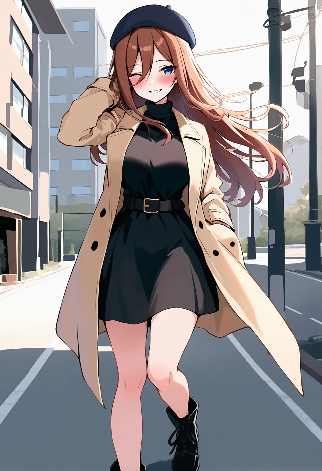 masterpiece, best quality, 1girl, nknmkrnd, blue eyes, long hair, brown hair, hair between eyes, large breasts, <lora:NakanoMiku_illusXL_Incrs_v1-000012:1>, outdoors, smile, seductive smile, blush, walking, arm behind head, floating hair, one eye closed, wind, street, looking at viewer, trench coat, beige coat, turtleneck dress, black dress, black leather belt, ankle boots, beret hat, fall fashion