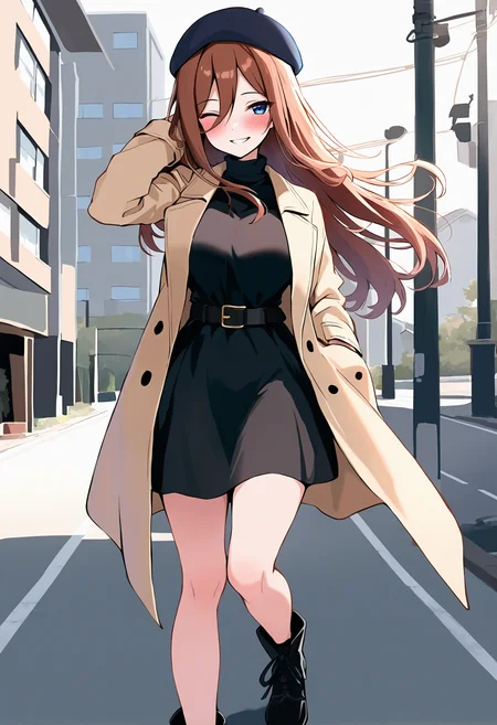 masterpiece, best quality, 1girl, nknmkrnd, blue eyes, long hair, brown hair, hair between eyes, large breasts, <lora:NakanoMiku_illusXL_Incrs_v1-000012:1>, outdoors, smile, seductive smile, blush, walking, arm behind head, floating hair, one eye closed, wind, street, looking at viewer, trench coat, beige coat, turtleneck dress, black dress, black leather belt, ankle boots, beret hat, fall fashion
