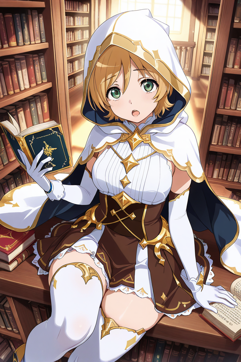 masterpiece, best quality, amazing quality,
 <lora:Nana_IL:1> nana, 1girl, green eyes, blonde hair, solo, gloves, book, thighhighs, short hair, white hood, white gloves, bookshelf, elbow gloves, white thighhighs, skirt, looking at viewer, open mouth, white clothes, gold ornament,
