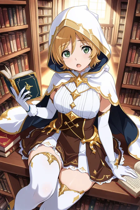 masterpiece, best quality, amazing quality,
 <lora:Nana_IL:1> nana, 1girl, green eyes, blonde hair, solo, gloves, book, thighhighs, short hair, white hood, white gloves, bookshelf, elbow gloves, white thighhighs, skirt, looking at viewer, open mouth, white clothes, gold ornament,