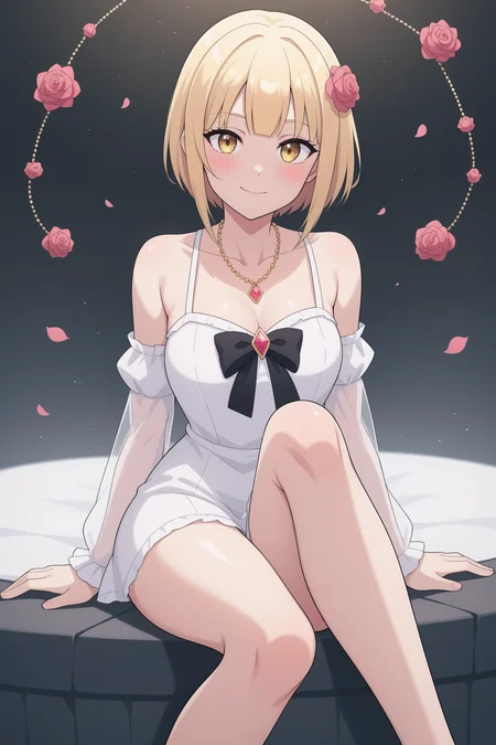 score_9, score_8_up, score_7_up,
1girl,absurdres,beads,between_legs,blonde_hair,blunt_bangs,blush,bow,bowtie,collarbone,dress,flower,frilled_dress,frills,gem,glowing,gold_trim,golden_rose,hair_flower,hair_ornament,hand_between_legs,hand_on_own_knee,highres,ienaga_mugi,jewelry,lace_sleeves,light_particles,looking_at_viewer,nijisanji,pendant,pink_flower,pink_rose,red_gemstone,rose,scrunchie,see-through,see-through_sleeves,sitting,smile,solo,virtual_youtuber,white_dress,white_scrunchie,yellow_eyes,yolsan