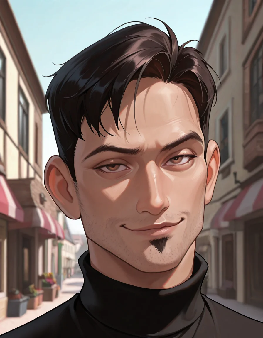 masterpiece, best quality, absurdres, newest, perfect quality, best quality, male focus, solo, realistic, <lora:The Iron Giant - Dean McCoppin - Illustrious:0.7>, dmccoppin, 1boy, black hair, short hair, stubble, goatee, brown eyes, head tilt, looking at viewer, black turtleneck, outdoors, town, buildings, shops, portrait, smirk