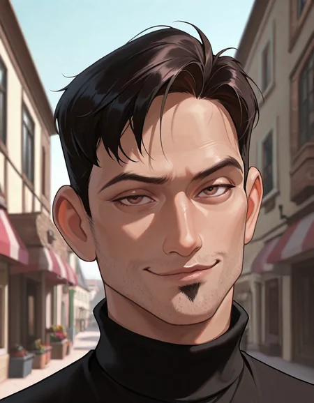 masterpiece, best quality, absurdres, newest, perfect quality, best quality, male focus, solo, realistic, <lora:The Iron Giant - Dean McCoppin - Illustrious:0.7>, dmccoppin, 1boy, black hair, short hair, stubble, goatee, brown eyes, head tilt, looking at viewer, black turtleneck, outdoors, town, buildings, shops, portrait, smirk