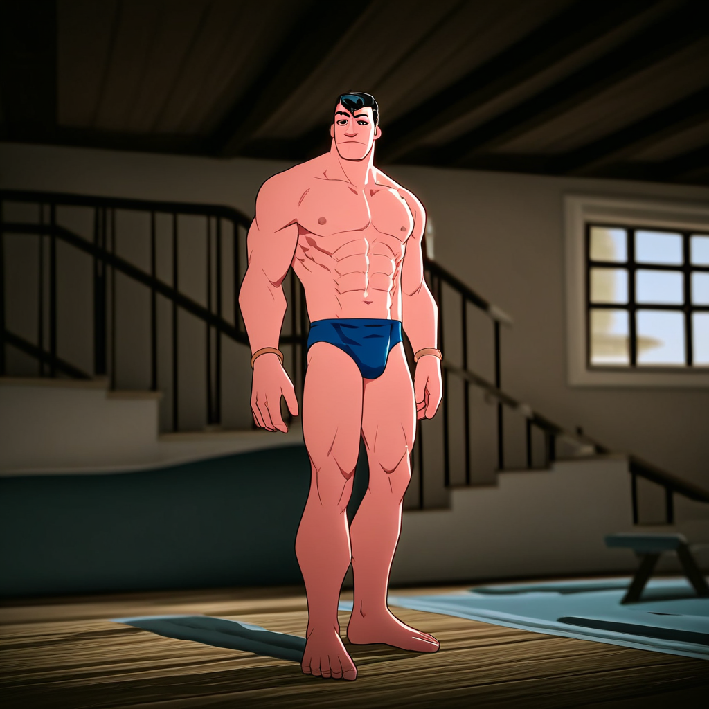 Superman, male focus, 1boy, solo, black hair, muscular, short hair, muscular male, bara, large pectorals, short hair, swimsuit, male swimwear, abs, bracelet, topless male,  score_9, score_8_up, score_7_up, score_6_up <lora:vinceteaa_020_04v2-step00000400r:1> good face, good eyes, looking at viewer, full body,