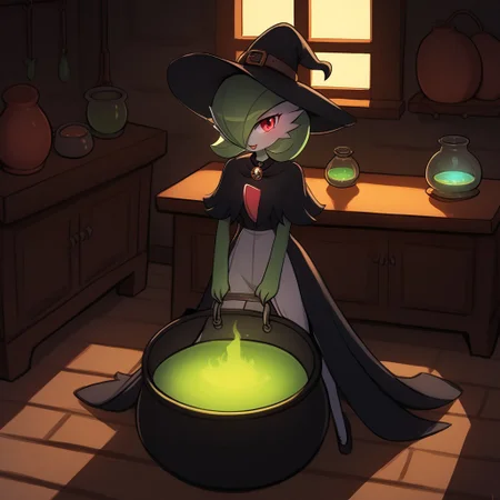 score_9, score_8_up, score_7_up, score_6_up, score_5_up, score_4_up,
cartoon style, cartoony style,
luminekoStyle,
1 girl, gardevoir, green_hair, green_skin, hair_over_one_eye,
full body, witch clothes, , cottage, cauldron