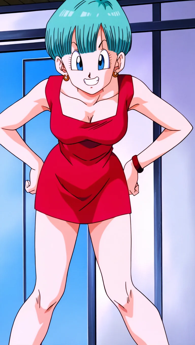 modern artstyle, indoors, source_anime, masterpiece, best quality, amazing quality, anime screencap, high quality, 8k, absurdres, official style, 1girl, solo, looking at viewer, standing, hands on hips, leaning forward, smile, teeth, <lora:Bulma_Late_Z_iL:0.8>, 8u1m4 Z late, blue eyes, aqua hair, buu saga red, short hair, red dress, sleeveless dress, short dress, no scarf, jewelry, earrings, bracelet,