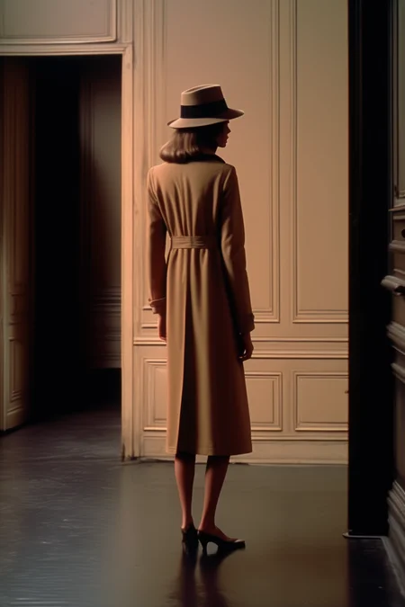 <lora:Director Lars von Trier style:1>Director Lars von Trier style - a woman full body from the side in a 1970s color movie wearing a tailored tan trench goat and black fedora hat, standing in profile in a very spare simple 1970s empty apartment in Paris with no furniture and black walls and floor. full body, muted colors movie, cinematic, 1970s, Paris, realistic