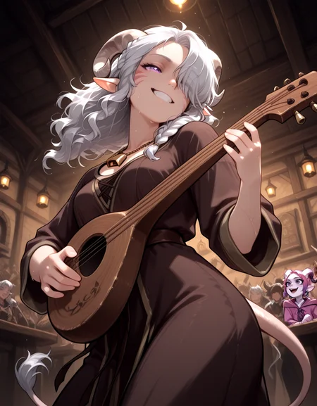 <lora:Posey:1> poseydnd, pink and purple gradient hair, pale pink skin, pale pink horns, purple eyes, imp tail, happy face, robe, realistic:0.3, closed mouth,