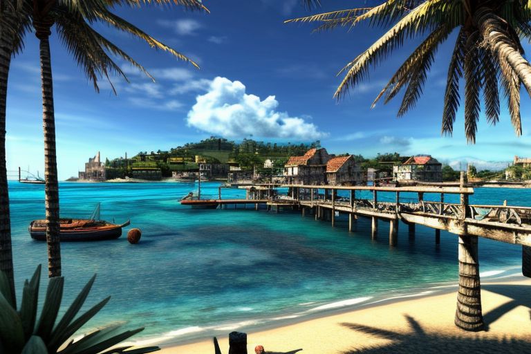 (masterpiece:1.2), (best quality,:1.2), 8k, HDR, ultra detailed, ((photorealistic)), perfect anatomy, pire, ship, pier, over looking a harbor in the caribbean, noon