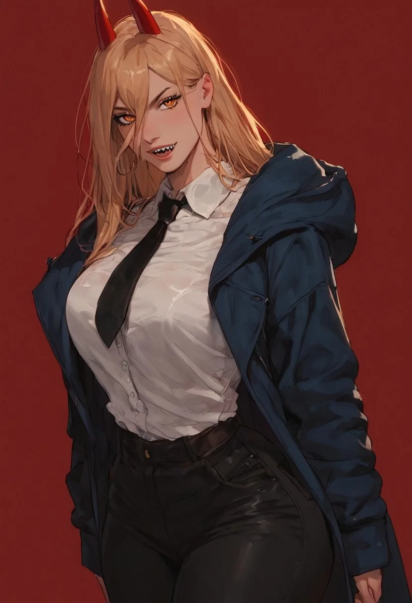 1girl, p0w3r0x1, long hair, blonde hair, red horns,demon pupils, bangs, blue jacket,white collared shirt,black necktie,black pants, muscle thighs, anime artwork, score_9, score_8_up, score_7_up, score_6_up, score_5_up, bimbo, massive ass, <lora:floox2:1>, big ass, gigantic ass, thicc, big breasta, <lora:Expressive_H:1>, red pubes, oiled up body, perfecteyes, <lora:face:0> dominant face, seductive face, seductive pose, close up, orange eyes, orange eyes, red background, sharp teeth, wide hips, big thighs, tiny waist, huge ass, skinny, slim