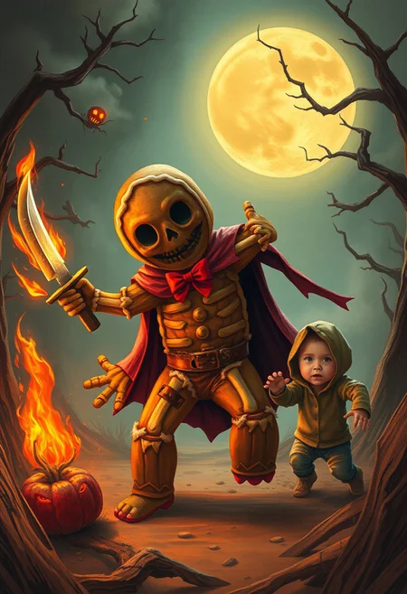 Gingerbread man hallowen skeletor g with a knife in his hand chasing a child