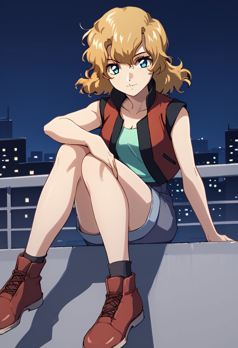 score_9, score_8_up, score_7_up,city view, 1 female,night view, moonlight,asagicaldwell, blue eyes, blonde hair, suspender vest, sleeveless shirt,shoes,sitting