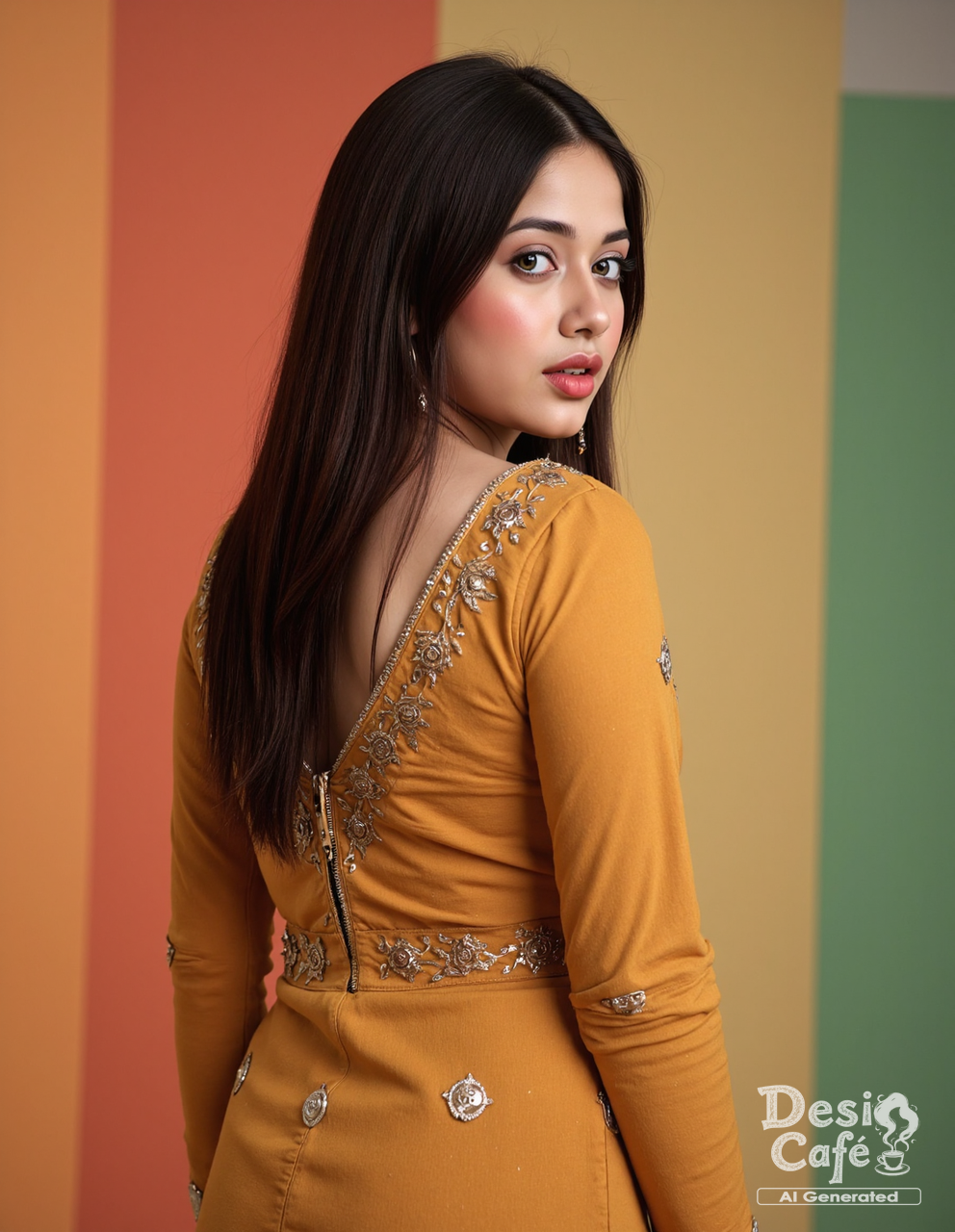 from behind,looking back photo of j4nn4t zub41r woman, hyper realistic photo that is safe for work, mouth open in surprise, studio quality image with natural colors, well dressed wearing intricate turtleneck Ochre Long Anarkali Gown, hair styled as  straight hair,muted pastel shaded multicolored background that contrasts with the person, cinematic lighting,âââââ    <lora:j4nn4t_zub41r_Jannat_Zubair_Flux_Kohya_V1:1>âââ