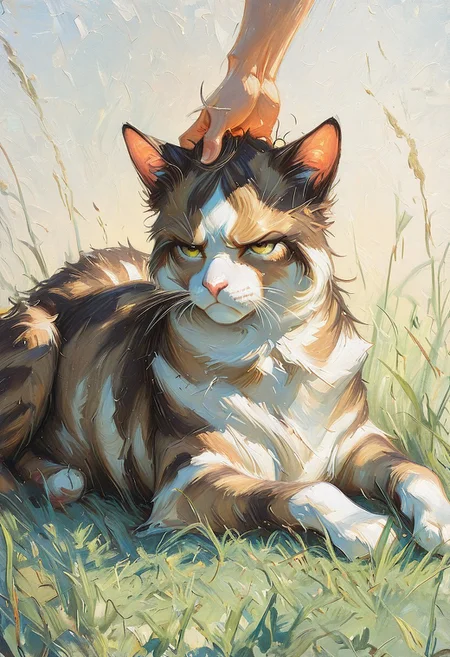 ArsMJStyle, Impressionism, oil painting, brushstrokes, masterpiece, high_quality, best_quality, closeup, 1cat, house cat, brown and white, lying on ground, tuft of grass, (annoyed), person out of frame scratching cat's head,dim light, shadow, sketch background, gradient background, dynamic angle, upd25