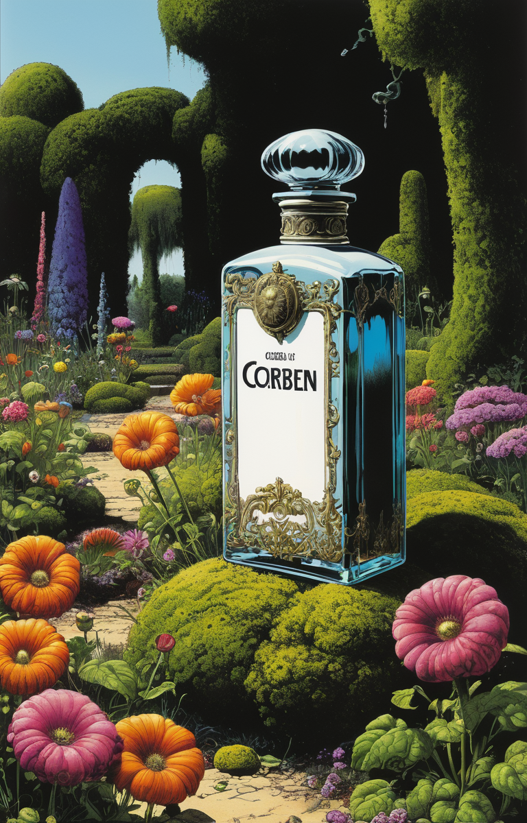 masterpiece,best quality,<lora:tbh235-sdxl:0.5>,illustration,style of Richard Corben, A bottle of perfume in garden