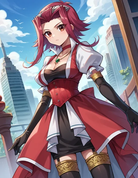 score_9, score_8_up, score_7_up, source_anime,
akiizayoi, <lora:aki-izayoi-ponyxl-lora-nochekaiser:1>,
aki izayoi, brown eyes, red hair, short hair, parted bangs,
black leggings, choker, cleavage, corset, dress, gloves, hair ornament, jewelry, leggings, necklace, thighhighs, juliet sleeves,
outdoors, cityscape,
looking at viewer, cowboy shot, dutch angle,