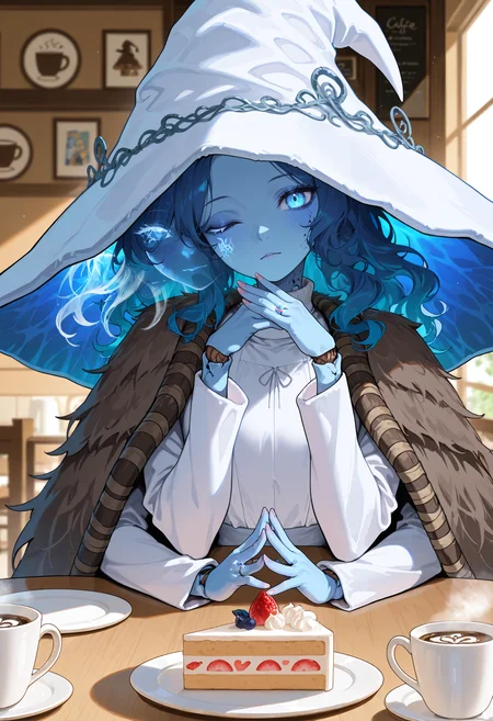 masterpiece, best quality, newest, absurdres, highres, 1girl, RnnDef, blue eyes, one eye closed, blue hair, wavy hair, (4 arms:1.2), extra faces, ghost face, blue skin, colored skin, cracked skin, doll joints, witch hat, large hat, white headwear, white dress, long sleeves, fur cloak, brown cloak, <lora:Ranni_illusXLNoobAI_Incrs_v1-000012:1>, pov across table, turtleneck sweater, cafe, coffee, cake, indoors, wedding ring, head tilt, nails, own hands together, elbow rest,