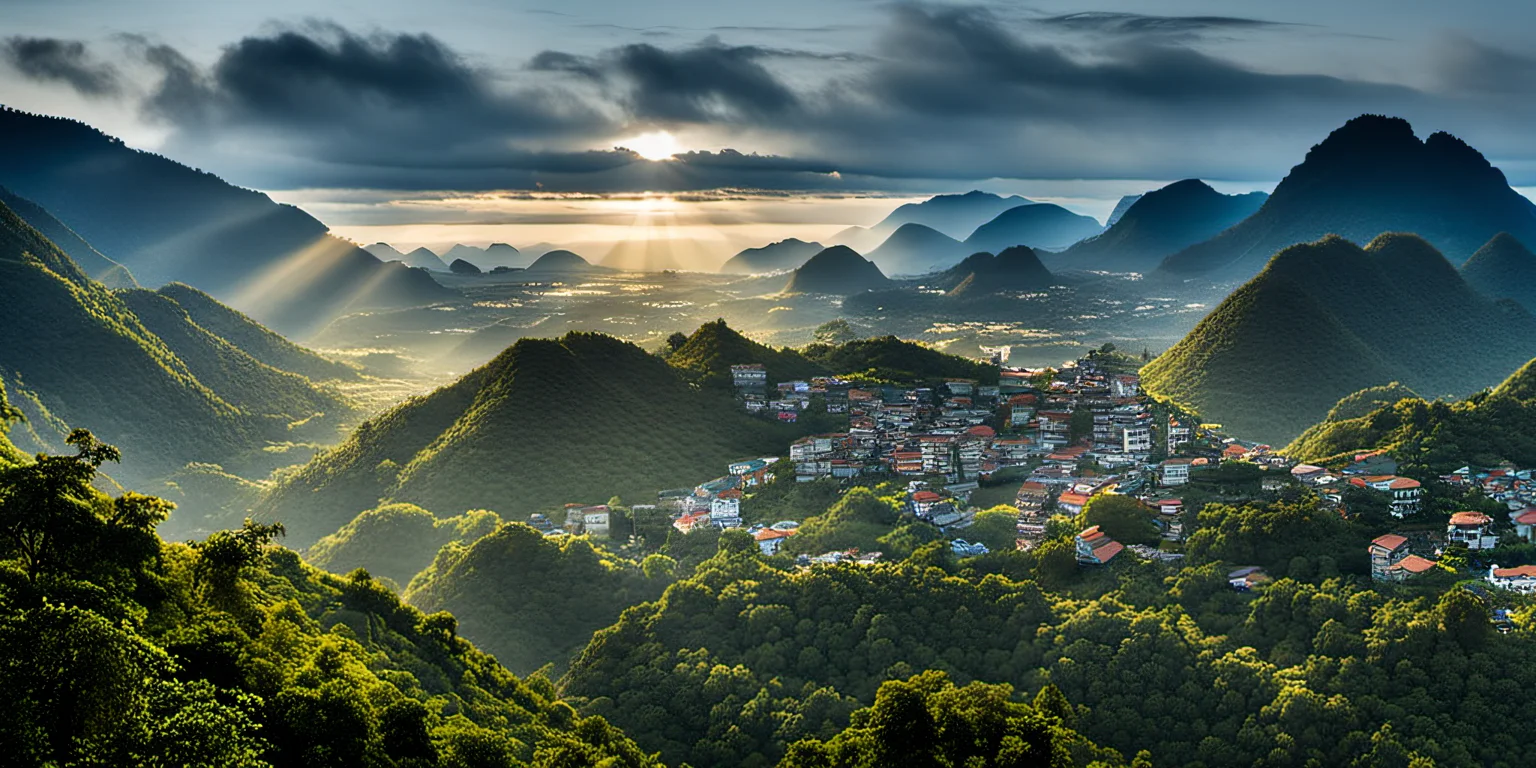 a view of a village and mountains from a hill top in the sun light, realicstic, bacsonvietnam, <lora:bacsonvietnam-000004:1>, (masterpiece,best quality:1.5), ultra realistic,32k,RAW photo,(high detailed skin:1.2), 8k uhd, dslr, soft lighting, high quality, film grain