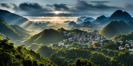 a view of a village and mountains from a hill top in the sun light, realicstic, bacsonvietnam, <lora:bacsonvietnam-000004:1>, (masterpiece,best quality:1.5), ultra realistic,32k,RAW photo,(high detailed skin:1.2), 8k uhd, dslr, soft lighting, high quality, film grain