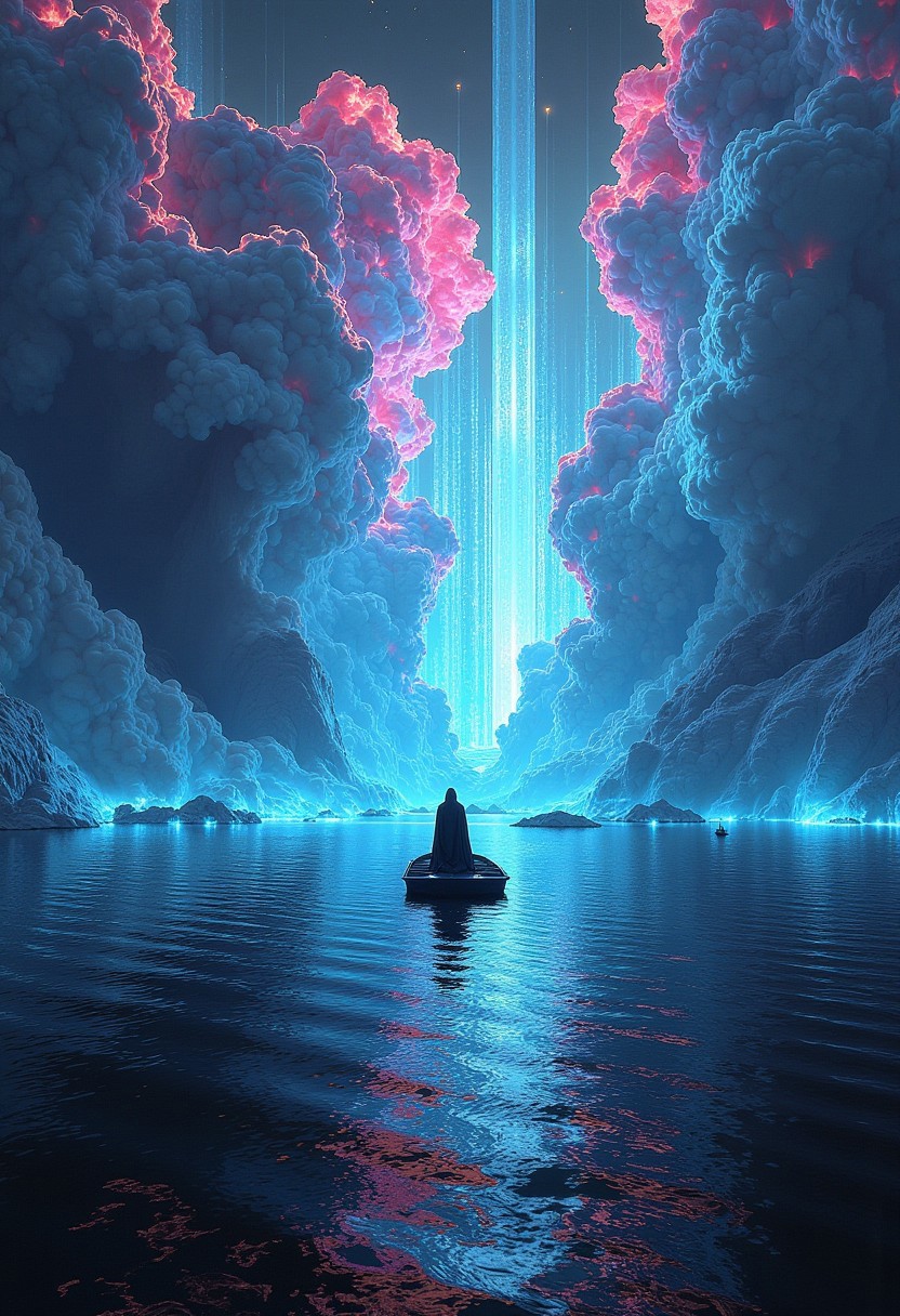 A surreal, corrupted and glitched fantasy landscape featuring a vast, endless ocean with distorted digital waves. In the middle of this surreal expanse floats a small boat, carrying a sole, cloaked figure. The ocean ripples with digital static, glitching between smooth waves and sharp, geometric distortions. Above the water, the sky glitches out into jagged, corrupted clouds that flash between vibrant neon colors and pixelated voids. The grand, ethereal nature of the scene is interrupted by digital noise, corrupted light effects, giving the scene a haunting, otherworldly atmosphere. The landscape warps and distorts, defying the natural order, with jagged bursts of neon color and patches of black void interspersed throughout, creating a dreamlike, glitched-out reality. (corrupted: 2.3) (glitched colors: 2.2)