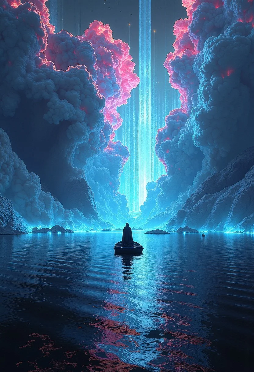 A surreal, corrupted and glitched fantasy landscape featuring a vast, endless ocean with distorted digital waves. In the middle of this surreal expanse floats a small boat, carrying a sole, cloaked figure. The ocean ripples with digital static, glitching between smooth waves and sharp, geometric distortions. Above the water, the sky glitches out into jagged, corrupted clouds that flash between vibrant neon colors and pixelated voids. The grand, ethereal nature of the scene is interrupted by digital noise, corrupted light effects, giving the scene a haunting, otherworldly atmosphere. The landscape warps and distorts, defying the natural order, with jagged bursts of neon color and patches of black void interspersed throughout, creating a dreamlike, glitched-out reality. (corrupted: 2.3) (glitched colors: 2.2)