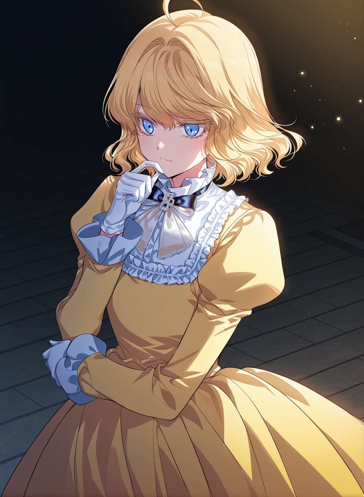<lora:Heresy_Inquisitor_Female__SSS_Class_Suicide_Hunter__Illustrious:1>
1 girl, solo, blue eyes, short hair, wavy hair, blonde hair, fluffy hair, loose curls, ahoge, parted bangs, soft volume, slightly messy,
elegant yellow dress, long puffed sleeves, white frills, ruffled collar, bow tie, floor-length skirt, formal gown, aristocratic dress, white gloves, 
masterpiece, best quality, intricate details, gothic fantasy, upper body portrait, dramatic pose, confident gaze, cinematic lighting, clean background, glowing magical particles, detailed face, vibrant colors