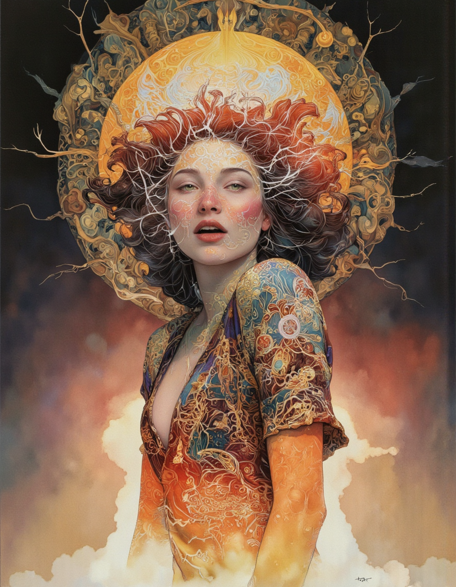 A digital illustration shoot from below about an abstract Woman portrait, Serendipity, Sonorous, Ineffable, Quixotic, Resplendent, Petrichor, Ephemeral, Luminous, layered symbolic density, enchanting, impressive, captivating, mesmerising.