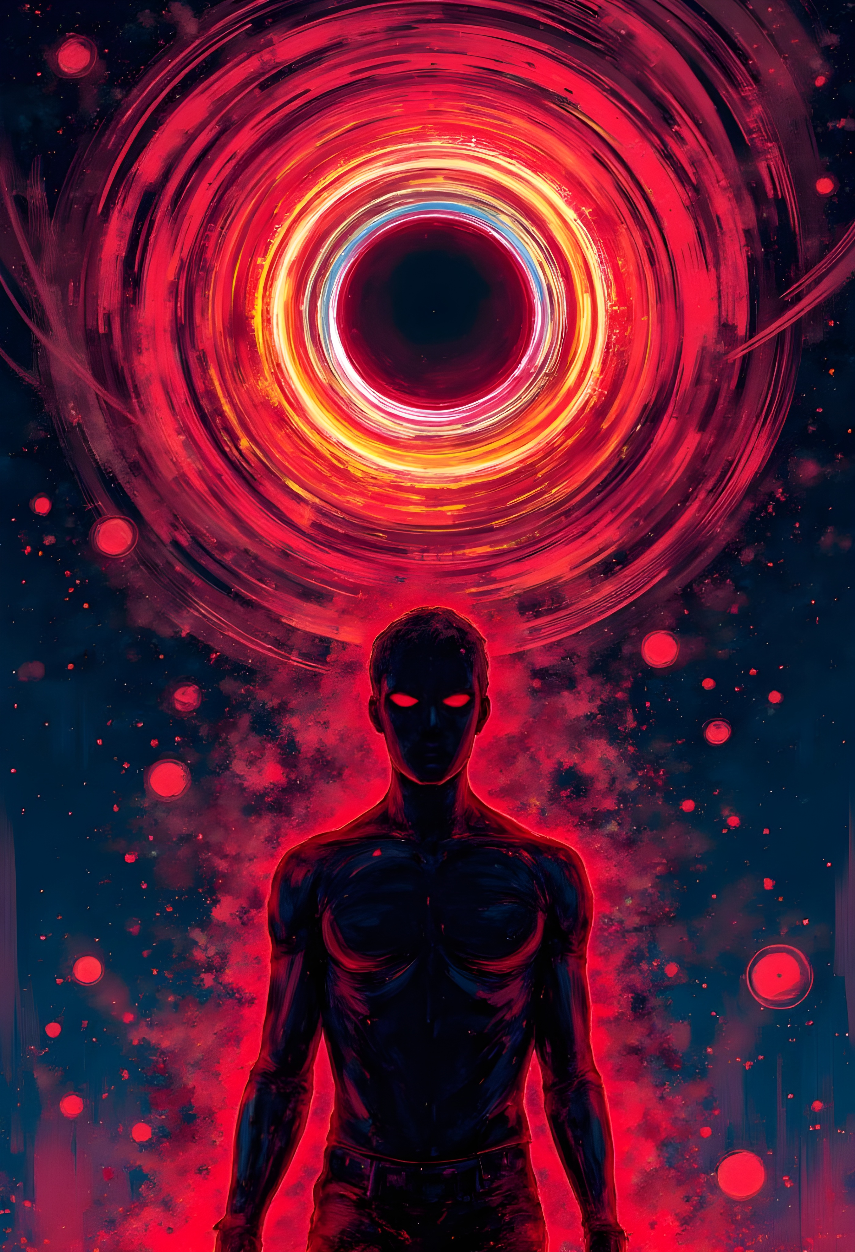 cinna flow, illustration art, red bubble floats, blue lines fall, shooting stars, particles blazing, upper-body, demonic man, front, gaze, massive swirling rainbow vortex obscures his face, no face, red energy aura envelops his form, outline style, artistic. Very detailed, vibrant colors