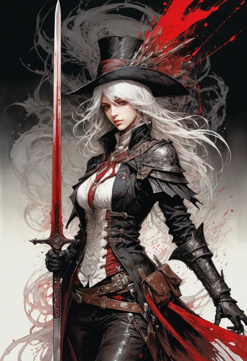 highly detailed linework reminiscent of Carne Griffiths, imbued with Wadim Kashim's bold color and texture, light and airy as Carl Larsson's compositions, dark background, (powerful lady maria:1.5), bloodborne, very beautiful, holding a sword, red aura, dark magic splash, magic, books, gothic, dark, evil, castle, white hair, blood, featuring Pascal Blanche-style hyper-realistic characters, pastel, elegance, dramatic lighting, expressive camera angle, matte, concept art <lora:add-detail-xl:1>