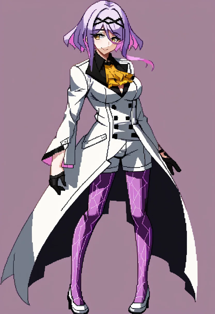 score_9, score_8_up, score_7_up, source_anime, BREAK, solo, 1girl, smile, looking at viewer, <lora:Under-Night-In-Birth-Sprites-pdxl_Fp:1>, simple background, full body, standing,  <lora:figue-sh2-richy-v1_pdxl:1>, figue, yellow eyes, purple hair, multicolored hair, hairband, hair between eyes, sidelocks, yellow ascot, white coat, long sleeves, black shirt, half gloves, black gloves, white shorts, purple leggings, large breasts,