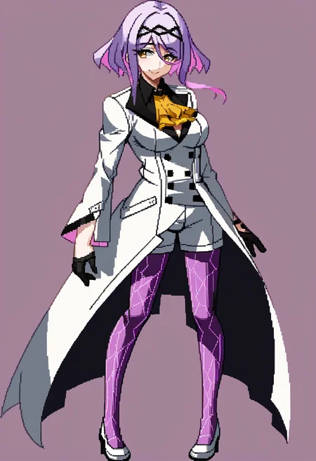 score_9, score_8_up, score_7_up, source_anime, BREAK, solo, 1girl, smile, looking at viewer, <lora:Under-Night-In-Birth-Sprites-pdxl_Fp:1>, simple background, full body, standing, <lora:figue-sh2-richy-v1_pdxl:1>, figue, yellow eyes, purple hair, multicolored hair, hairband, hair between eyes, sidelocks, yellow ascot, white coat, long sleeves, black shirt, half gloves, black gloves, white shorts, purple leggings, large breasts,