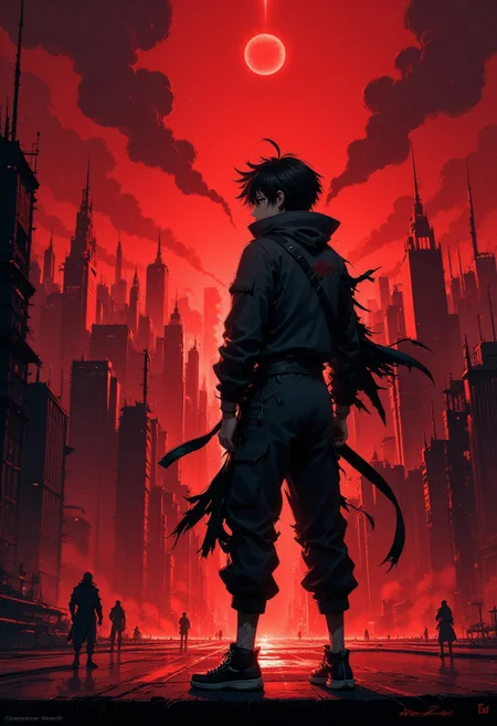 "Create a high-quality, extremely detailed digital artwork in a high-resolution, anime-inspired style. A rebellious figure, cloaked in a tattered, dark jumpsuit, stands at the edge of a dystopian cityscape under a dim, red-tinted sky. The city of Dema looms behind them, a labyrinth of towering structures, with ominous Bishops watching from the shadows. The figure’s expression is a mix of defiance and determination as they gaze eastward, toward a distant, flickering light symbolizing hope and freedom. In the background, flames rise, representing the chaos and the figure's inner turmoil. The jumpsuit they wear appears both heavy and weightless, as if it’s the only thing anchoring them to reality. Despite the darkness, there's a sense of unity and resistance in the air, with other Banditos subtly emerging from the shadows, ready to rise against Dema. The overall atmosphere is one of tension and surrealism, capturing the essence of a fractured mind fighting for liberation.