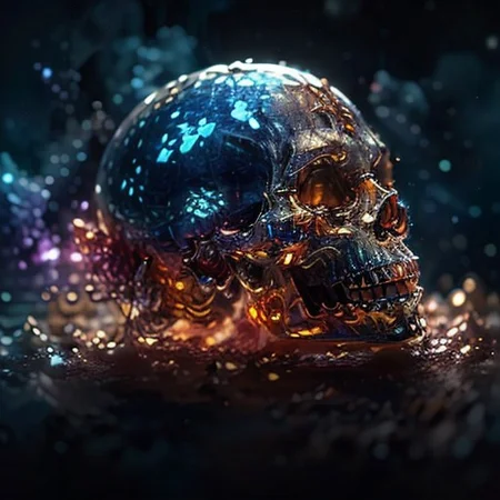 In the vast emptiness of the interstellar void, crystal skull omnipotent deities from separate dimensions collide. The Creator, a deity whose face is an ever-evolving canvas of galaxies and life, wields the power of creation, bringing forth stars, planets, and life forms with a wave of their hand. Opposite them stands the Destroyer, a god whose face is a shifting visage of decay and entropy, wielding the power of destruction, disintegrating celestial bodies and extinguishing stars. The clash of creation and destruction is a cosmic spectacle, with galaxies being born and dying in the wake of their unimaginable powers. highest quality, enhanced quality, creative, beautiful, vibrant, masterpiece, amazing details, amazing quality, amazing artist, sharp edges, detailed textures, full view, atmospheric lighting, amazing visuals, crystals fantasy, crystals, crystal, bg_imgs, cry5t415ku11,