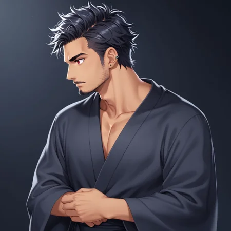 1man, skin tanned, hairly, messy hair covering part of the face, red eyes, thin eyebrows, ear piercing, small goatee, wearing black Japanese tunic with scarlet edges, alone, looking forward, athletic body, masculino, bara.