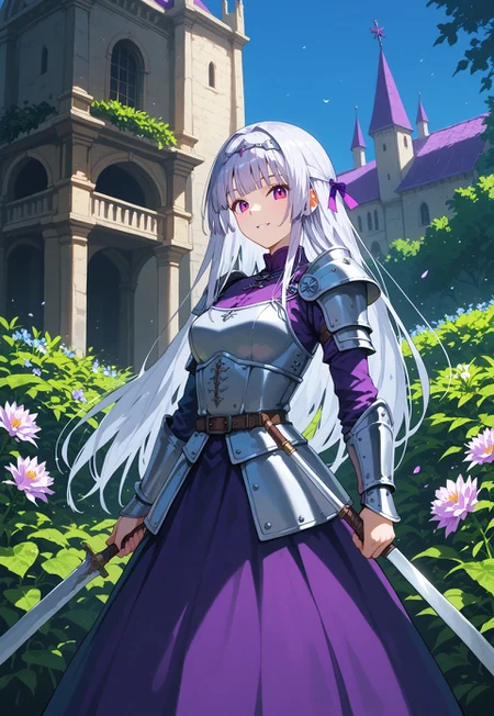 safe_pos, (score_9, score_8_up, score_7_up, score_6_up),absurdres,ultra-detailed,
BREAK 1girl,hime style hair <lora:hime_style_hair-PD-1.0-pruned:1>,solo,knight,armoured warrior,(armour,silver armour,shiny armor,engraved,skirt,purple skirt,long skirt, gauntlet:1.3),circlet,dynamic pose,holding sword,large sword,jeweled sword,
BREAK silver hair,long hair,purple eyes,breasts,slim,beautiful,gentle smile,
BREAK outdoors,medieval castle,day,blue sky,garden,flowers,
BREAK purple theme,