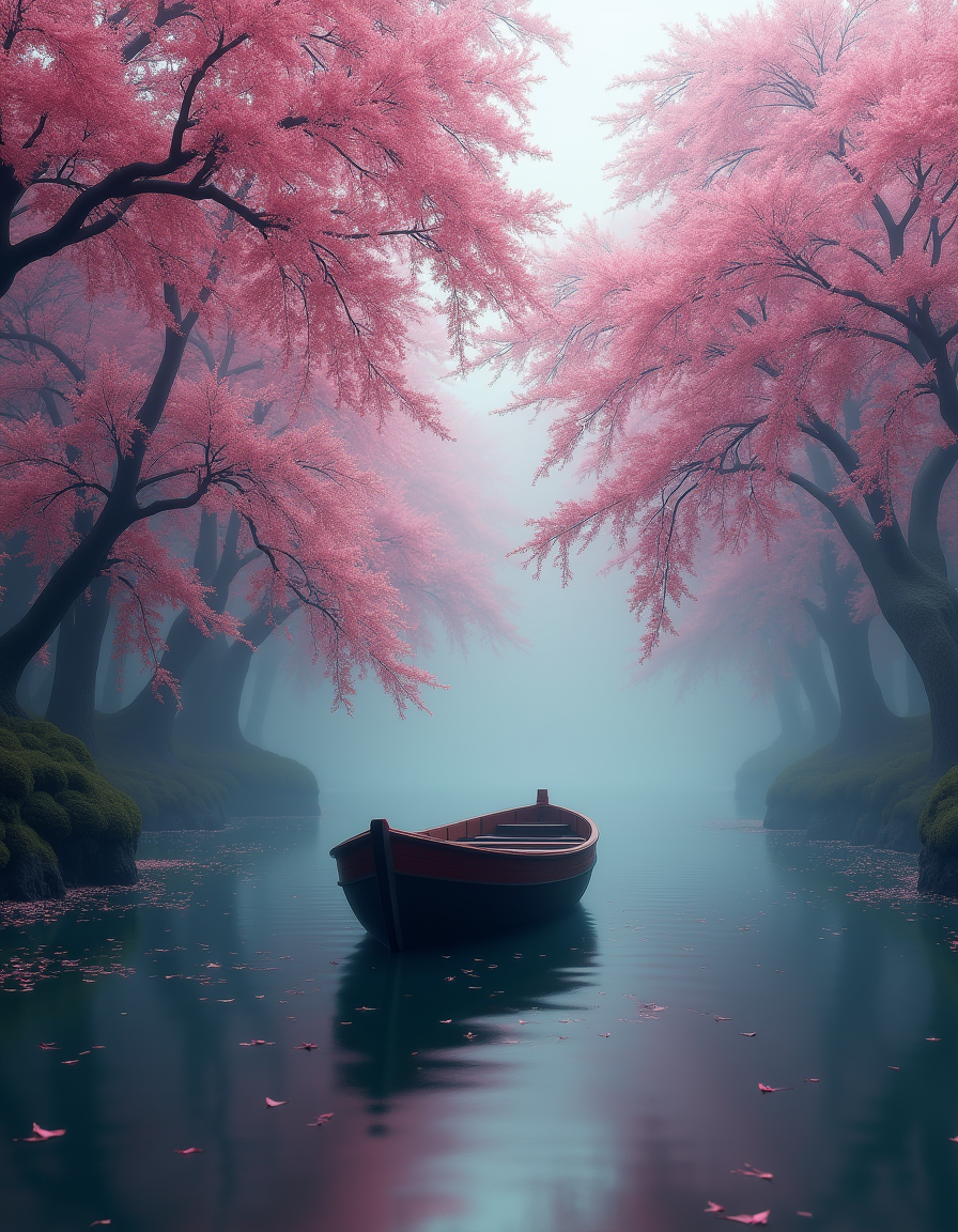 a boat in the middle of the cherry blossoms, in the style of lush scenery, fairycore, ultra detailed, intricate details, beautiful, octane, dramatic light, ambient lighting, by greg rutkowski and magali Villeneuve, foggy background, epic realistic, rutkowski, intricate details, hyperdetailed, cinematic, rim light, muted colors, (horror, dark, sad:1.5), (((((VIBRANT COLORS)))))