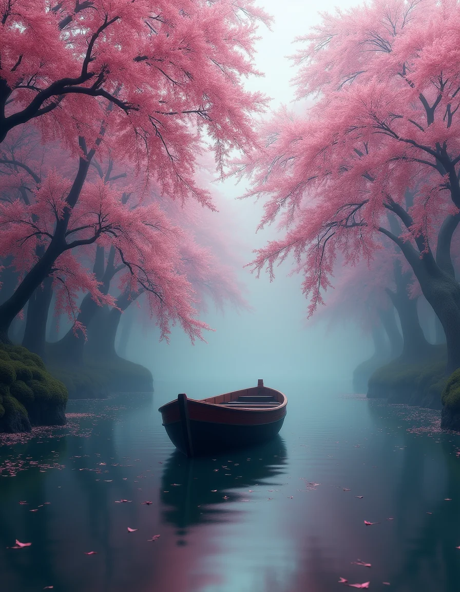 a boat in the middle of the cherry blossoms, in the style of lush scenery, fairycore, ultra detailed, intricate details, beautiful, octane, dramatic light, ambient lighting, by greg rutkowski and magali Villeneuve, foggy background, epic realistic, rutkowski, intricate details, hyperdetailed, cinematic, rim light, muted colors, (horror, dark, sad:1.5), (((((VIBRANT COLORS)))))