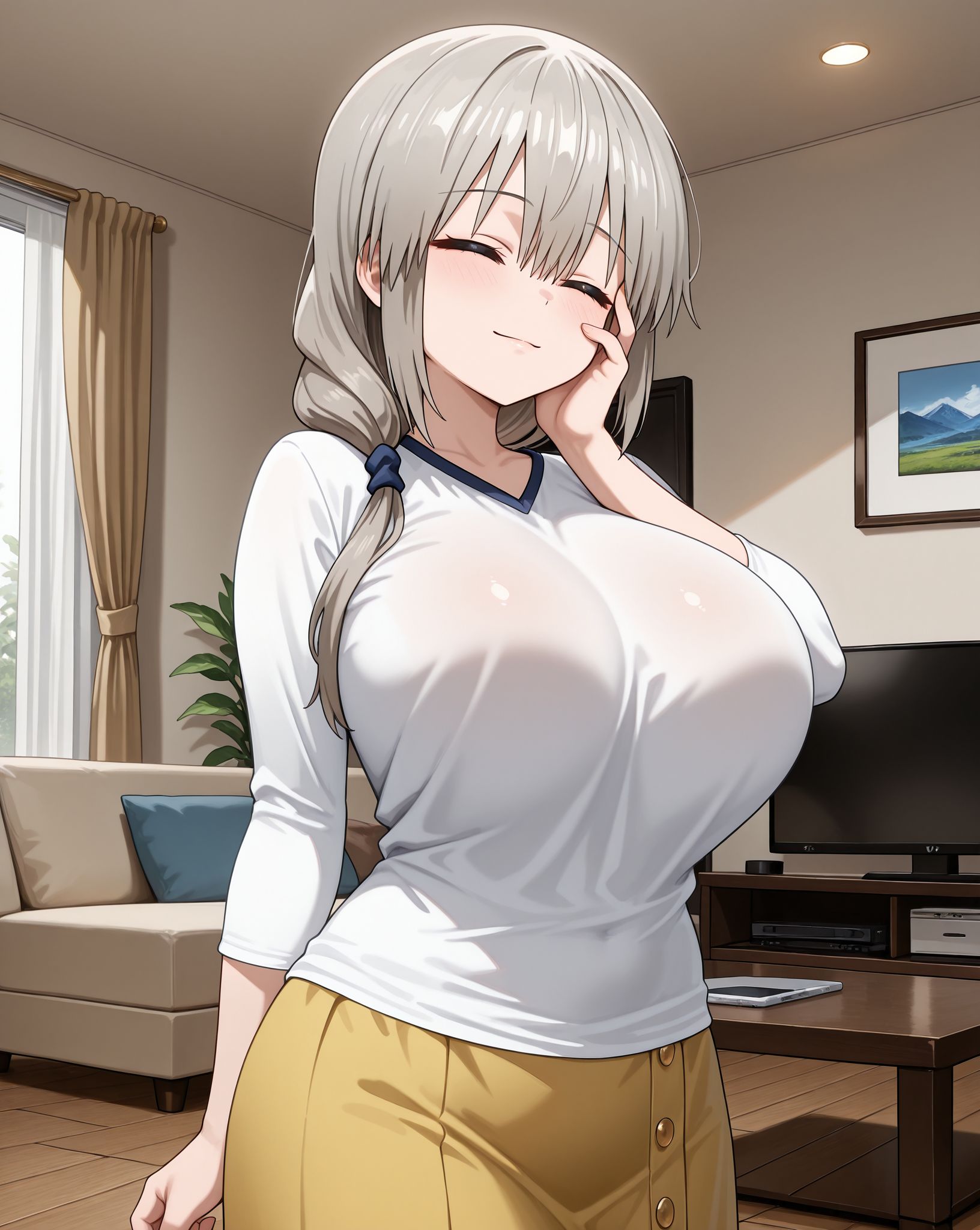 masterpiece,best quality,amazing quality,very aesthetic,absurdres,newest, huge filesize,
<lora:spo_sdxl_10ep_4k-data_lora_webui:0.5>,
<lora:add-detail-xl:1>
living room ,
<lora:Uzaki_V1:1>Uzaki_V1,
BREAK
mature female, bangs, closed eyes,  light smile,  one hand on face,
u_tsuki,  white shirt,  yellow skirt,  large breasts, 
brown button skirts,
(untucked shirt:1),