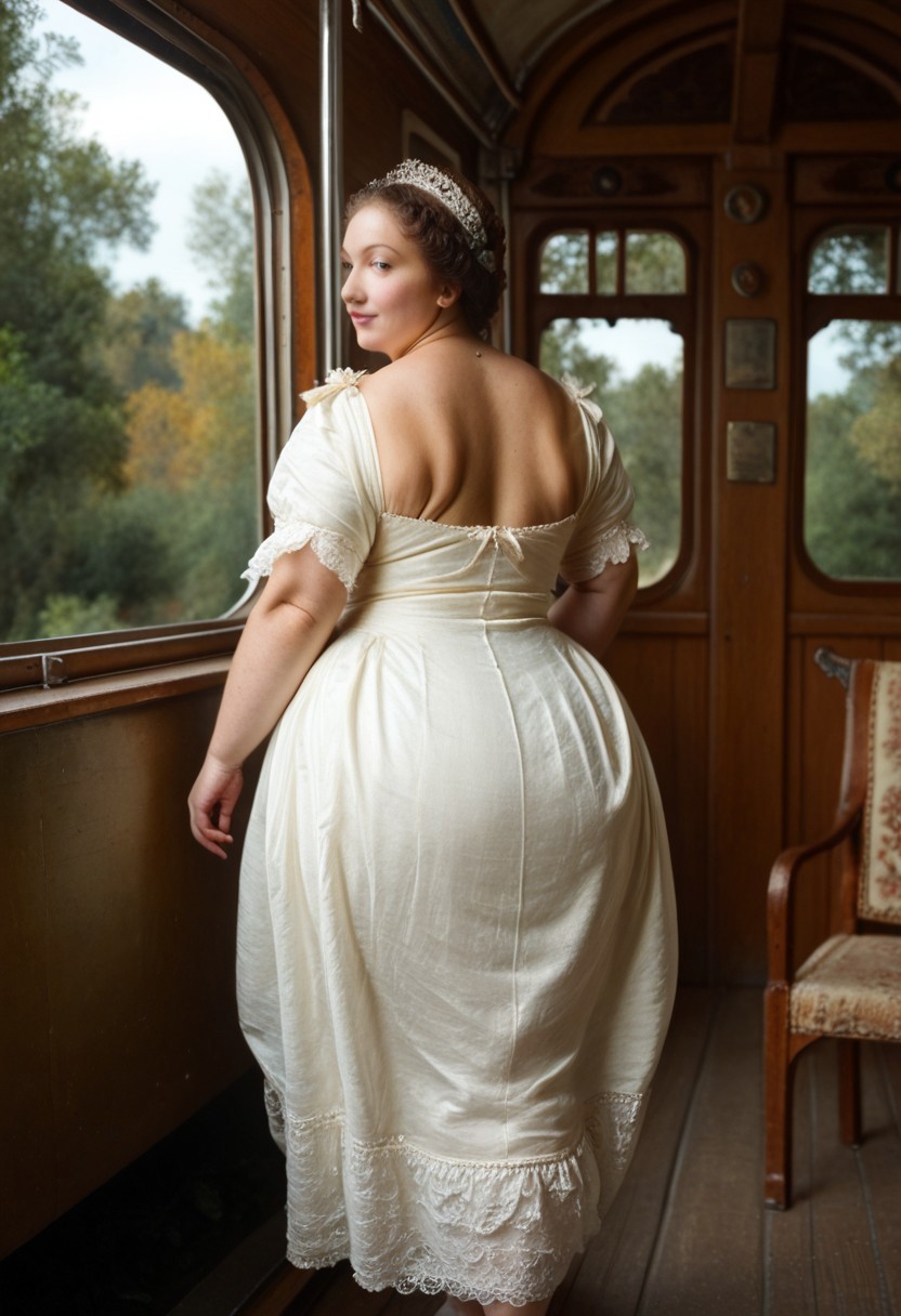 score_9, rating_safe, SFW, baroque painting, detailed face,
backside, 1girl, big breasts, thick thighs, gigantic hips, plump, plump belly, wearing a cute dress, standing on the train, blurry trees outside the window, from behind,
themes of lust and desire, dynamic light, detailed shadows
